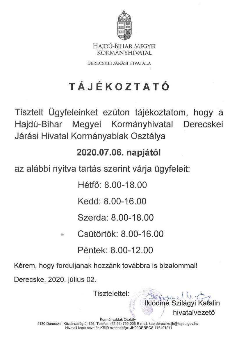 Tájékoztató Kormányablak Osztály ügyfélfogadásának változásáról 2020.07.06. napjától